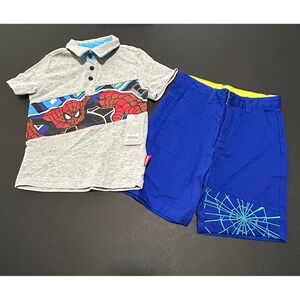 Disney Store Kids Spider-Man Graphic Polo Shirt Sz 3 NWT and Blue Shorts Sz 4